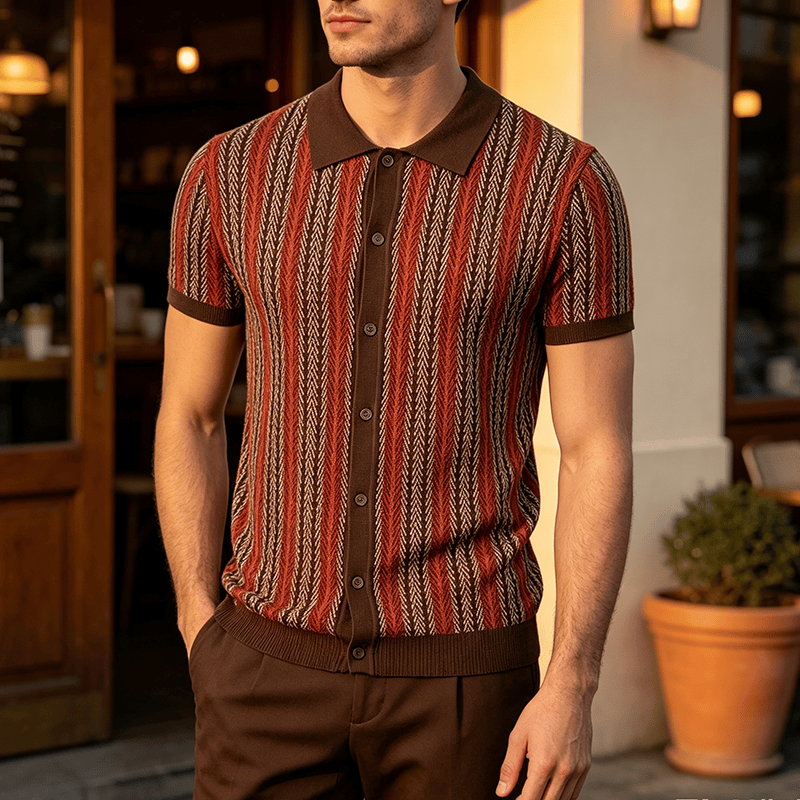 Polo da uomo in maglia jacquard traspirante con motivo a righe verticali a chevron. - Rosso - 3XL - image 5