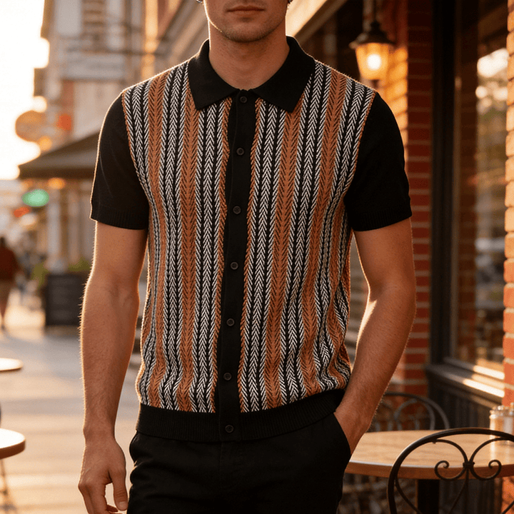 Polo da uomo vintage estiva a righe jacquard in maglia - Nero - 3XL - image 4