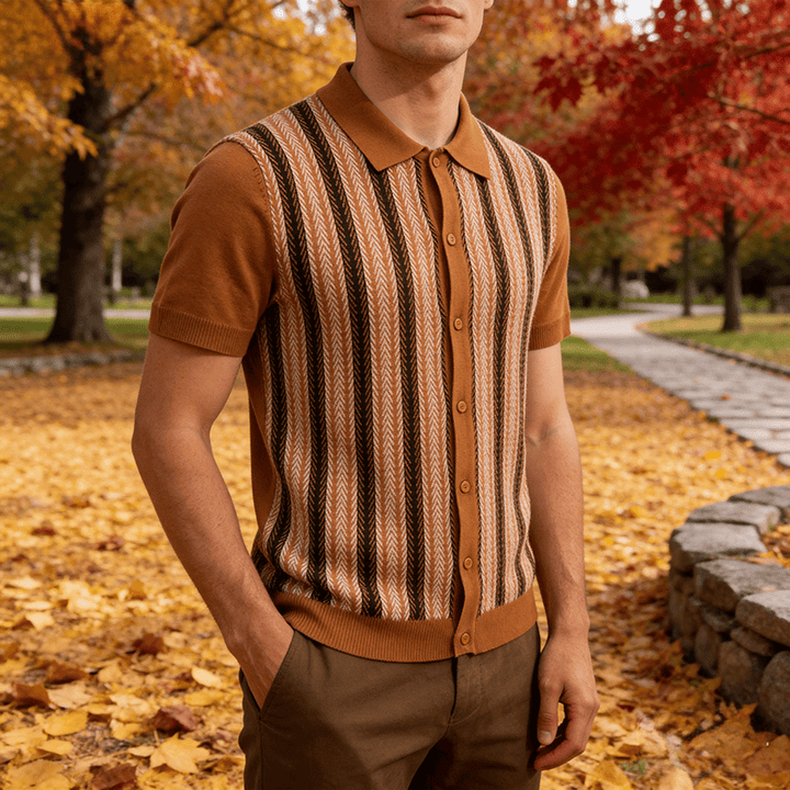 Polo da uomo vintage estiva a righe jacquard in maglia - Marrone - 3XL - image 0