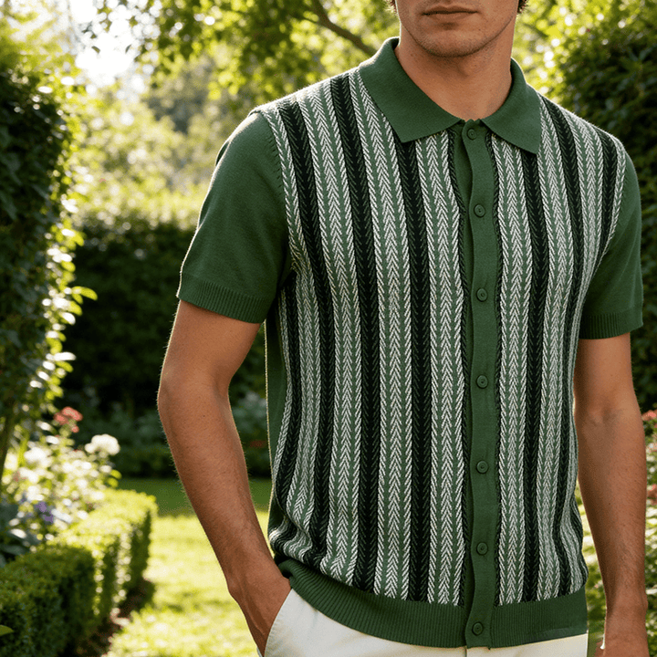 Polo da uomo vintage estiva a righe jacquard in maglia - Verde - 3XL - image 5