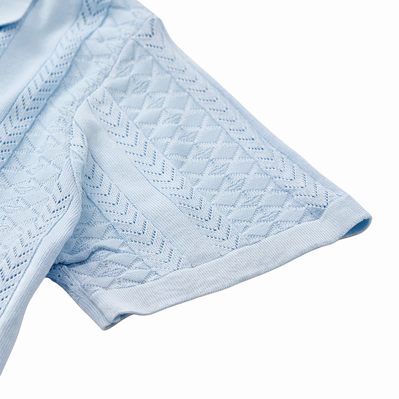 Camicia da uomo a maglia con motivo a chevron e righe verticali, fresca e casual per l'estate. - image 7