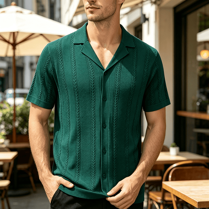 Camicia da uomo a maglia con motivo a chevron e righe verticali, fresca e casual per l'estate. - Verde - 3XL - image 5