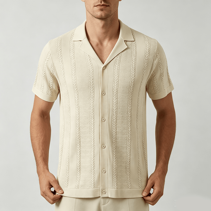 Camicia da uomo a maglia con motivo a chevron e righe verticali, fresca e casual per l'estate. - image 1