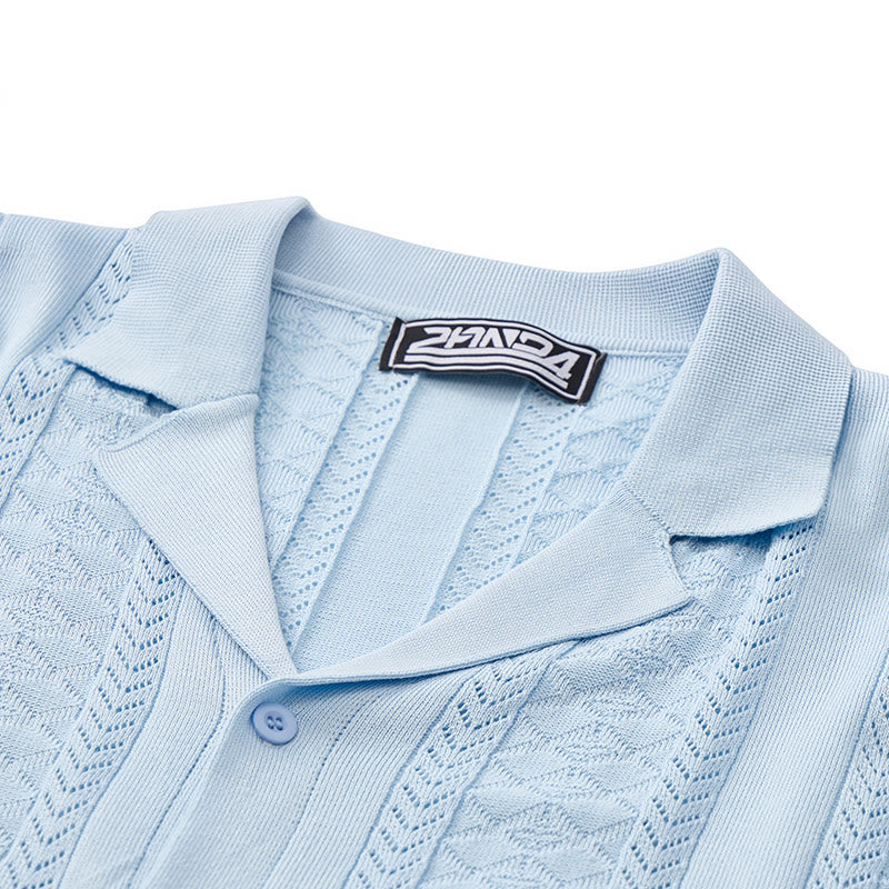 Camicia da uomo a maglia con motivo a chevron e righe verticali, fresca e casual per l'estate. - image 6