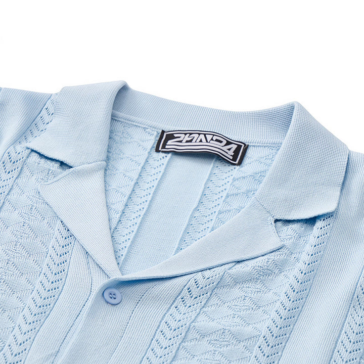 Camicia da uomo a maglia con motivo a chevron e righe verticali, fresca e casual per l'estate. - image 6