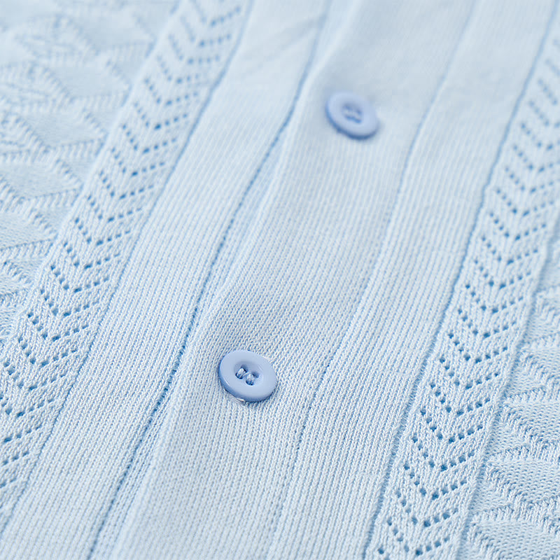 Camicia da uomo a maglia con motivo a chevron e righe verticali, fresca e casual per l'estate. - image 9