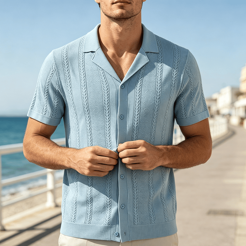 Camicia da uomo a maglia con motivo a chevron e righe verticali, fresca e casual per l'estate. - Blu - 3XL - image 4
