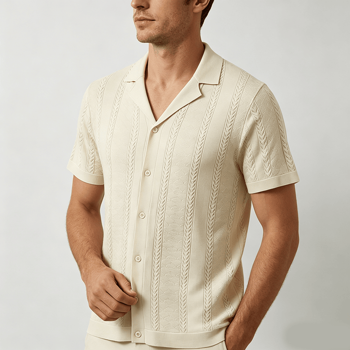Camicia da uomo a maglia con motivo a chevron e righe verticali, fresca e casual per l'estate. - image 2
