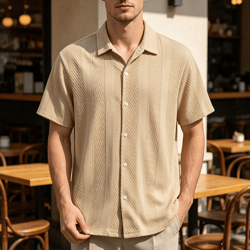 Camicia da uomo a maglia tinta unita, traforata, fresca al tatto, ideale per tutti i giorni. - Albicocca - 2XL - image 0