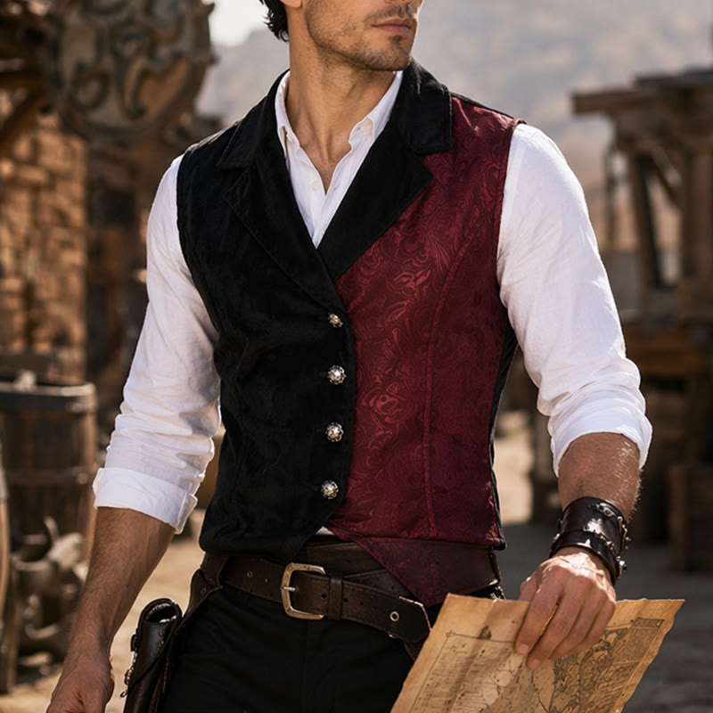 Gilet da uomo in stile steampunk vittoriano, nero e bordeaux. - Nero e bordeaux - 2XL - image 0