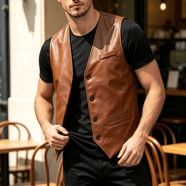 Gilet in pelle da uomo Four Seasons, casual ed elegante, da indossare a strati. - Marrone - 5XL - image 0