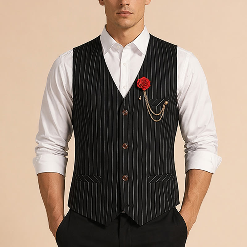 Gilet da uomo gessato in stile retrò con catena a rosa sul risvolto - image 1