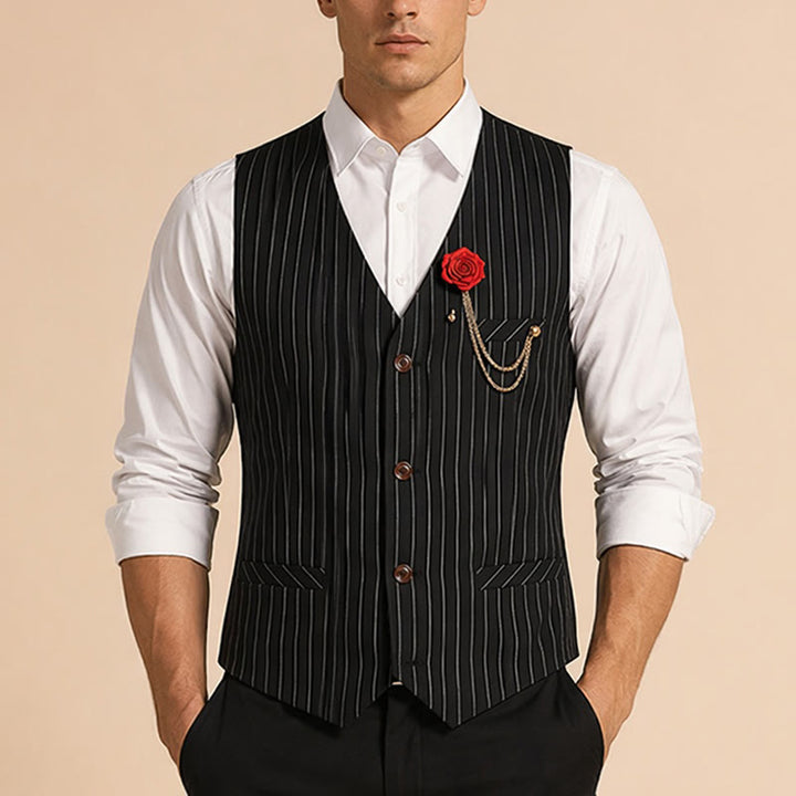 Gilet da uomo gessato in stile retrò con catena a rosa sul risvolto - image 1