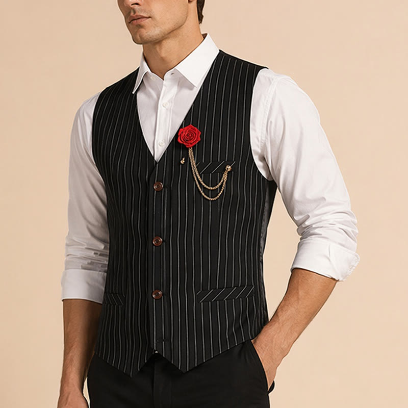 Gilet da uomo gessato in stile retrò con catena a rosa sul risvolto - image 3