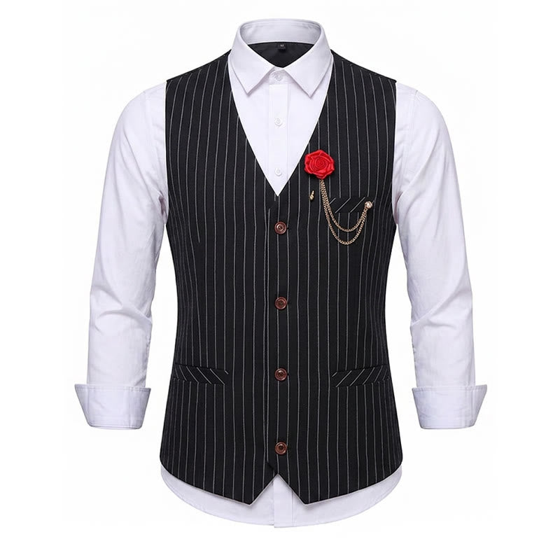 Gilet da uomo gessato in stile retrò con catena a rosa sul risvolto - Nero - 2XL - image 11