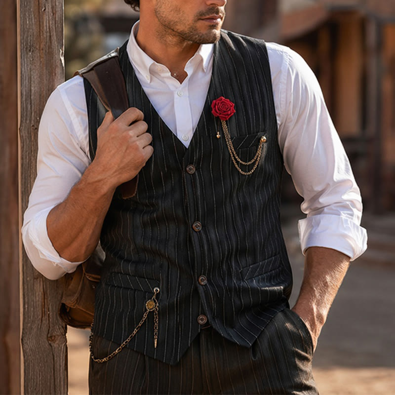 Gilet da uomo gessato in stile retrò con catena a rosa sul risvolto - image 4