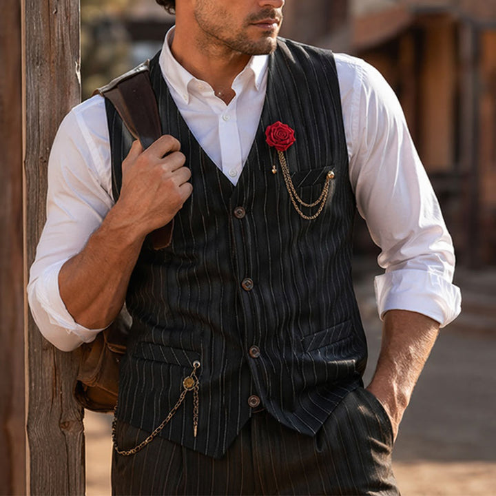 Gilet da uomo gessato in stile retrò con catena a rosa sul risvolto - image 4