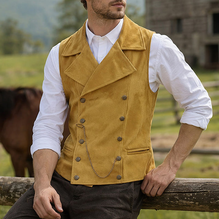 Gilet da uomo retrò doppiopetto con catena in bronzo - Giallo - 5XL - image 9