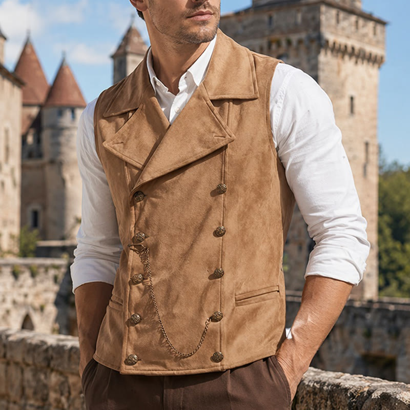 Gilet da uomo retrò doppiopetto con catena in bronzo - Cachi - 5XL - image 5