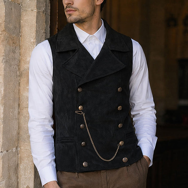 Gilet da uomo retrò doppiopetto con catena in bronzo - Nero - 5XL - image 4