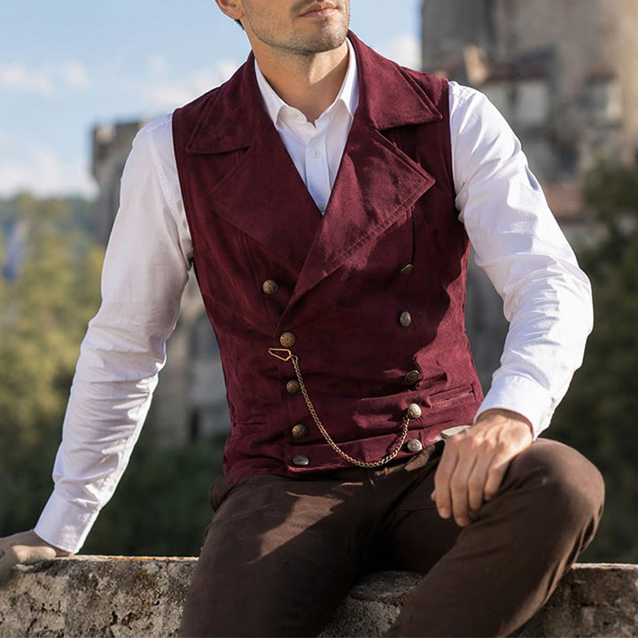 Gilet da uomo retrò doppiopetto con catena in bronzo - Borgogna - 5XL - image 6