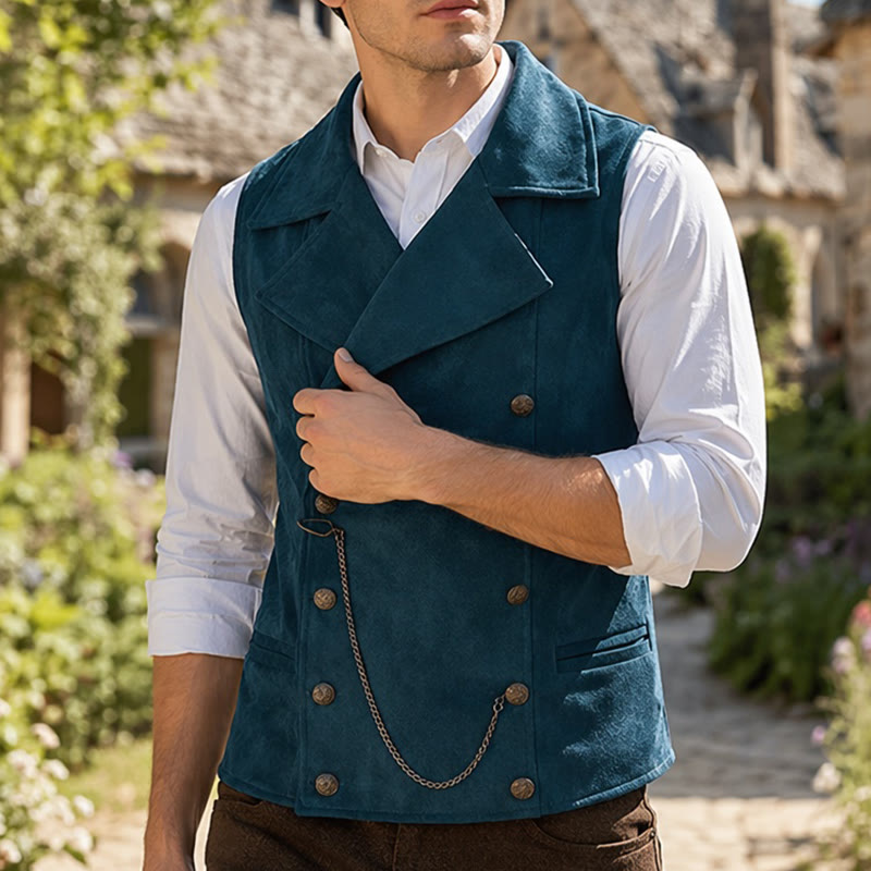 Gilet da uomo retrò doppiopetto con catena in bronzo - Verde acqua - 5XL - image 8