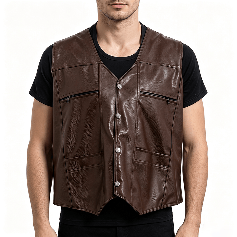 Gilet da uomo in pelle con tasche con cerniera, disponibile in due modelli: spesso o sottile. - image 1