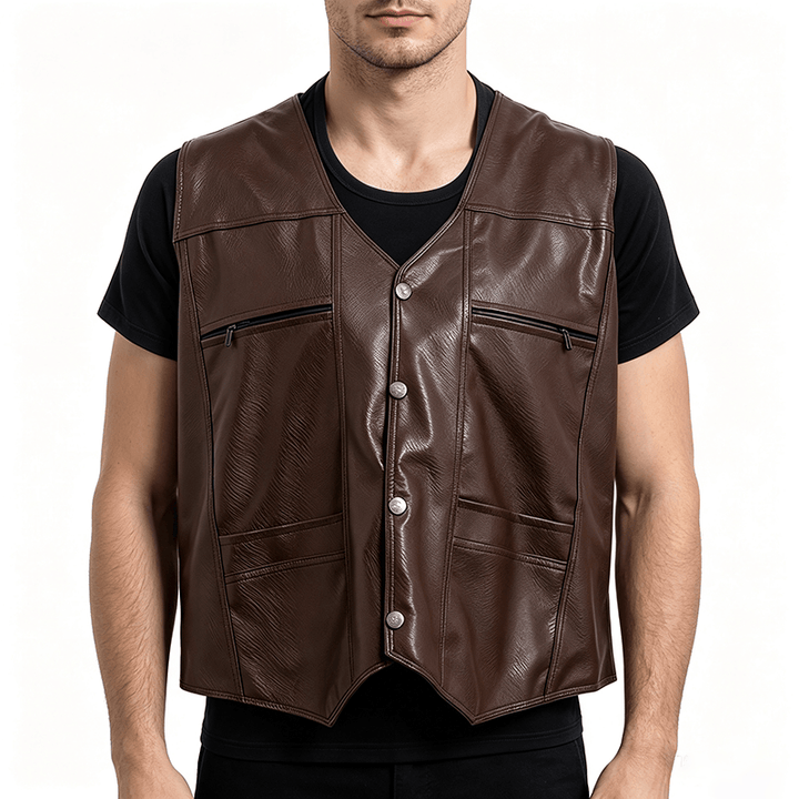 Gilet da uomo in pelle con tasche con cerniera, disponibile in due modelli: spesso o sottile. - image 1