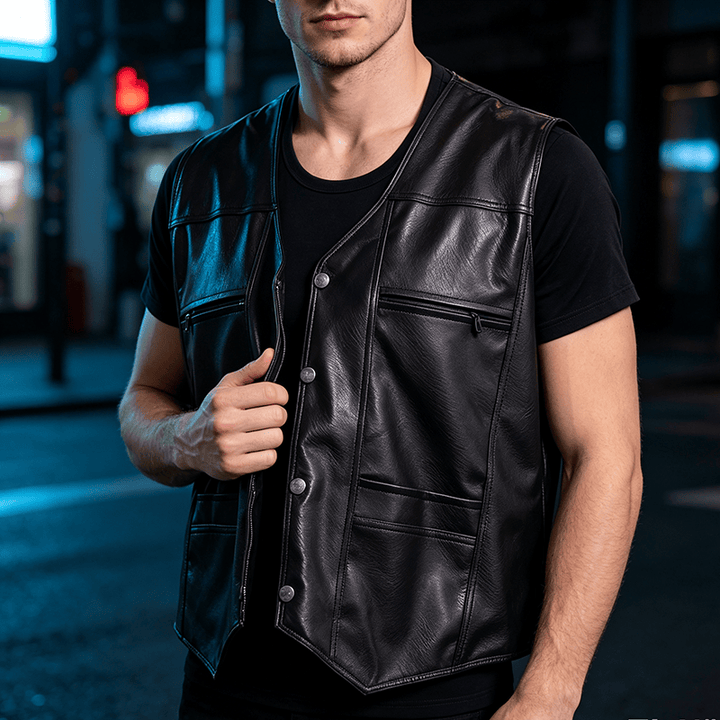 Gilet da uomo in pelle con tasche con cerniera, disponibile in due modelli: spesso o sottile. - Nero - 3XL - image 4