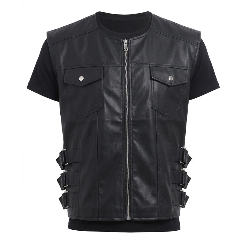 Gilet da motociclista casual da uomo in pelle con tasche a patta - image 12