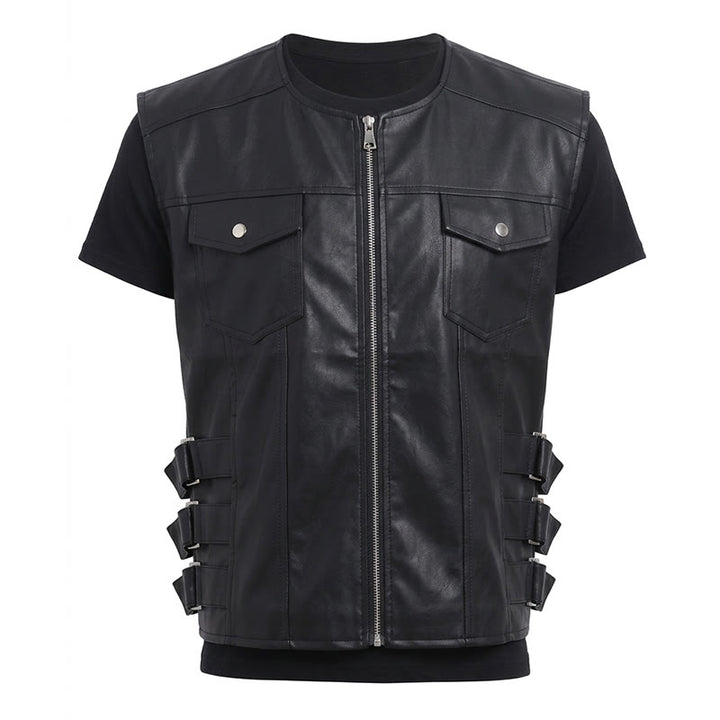 Gilet da motociclista casual da uomo in pelle con tasche a patta - image 12