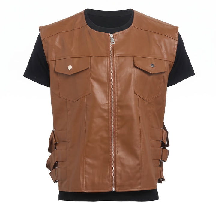 Gilet da motociclista casual da uomo in pelle con tasche a patta - image 10