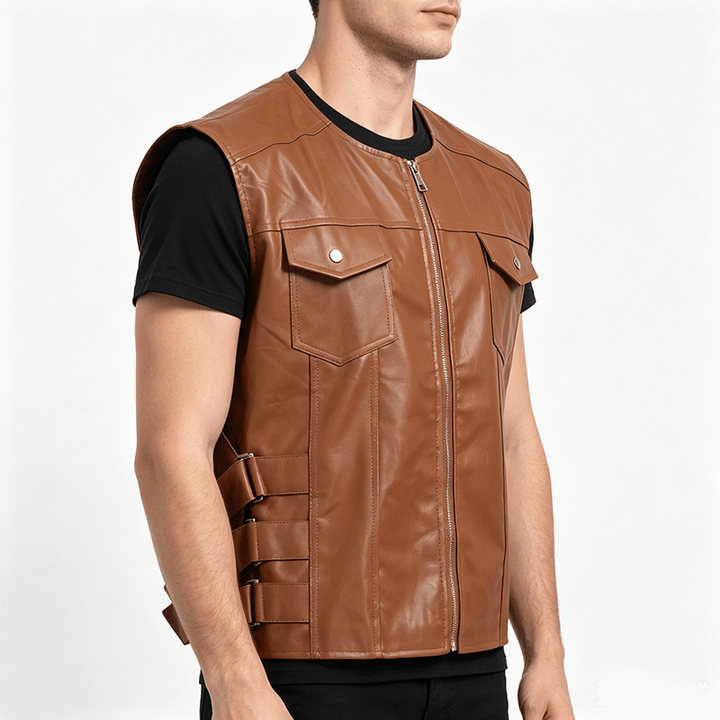 Gilet da motociclista casual da uomo in pelle con tasche a patta - image 2