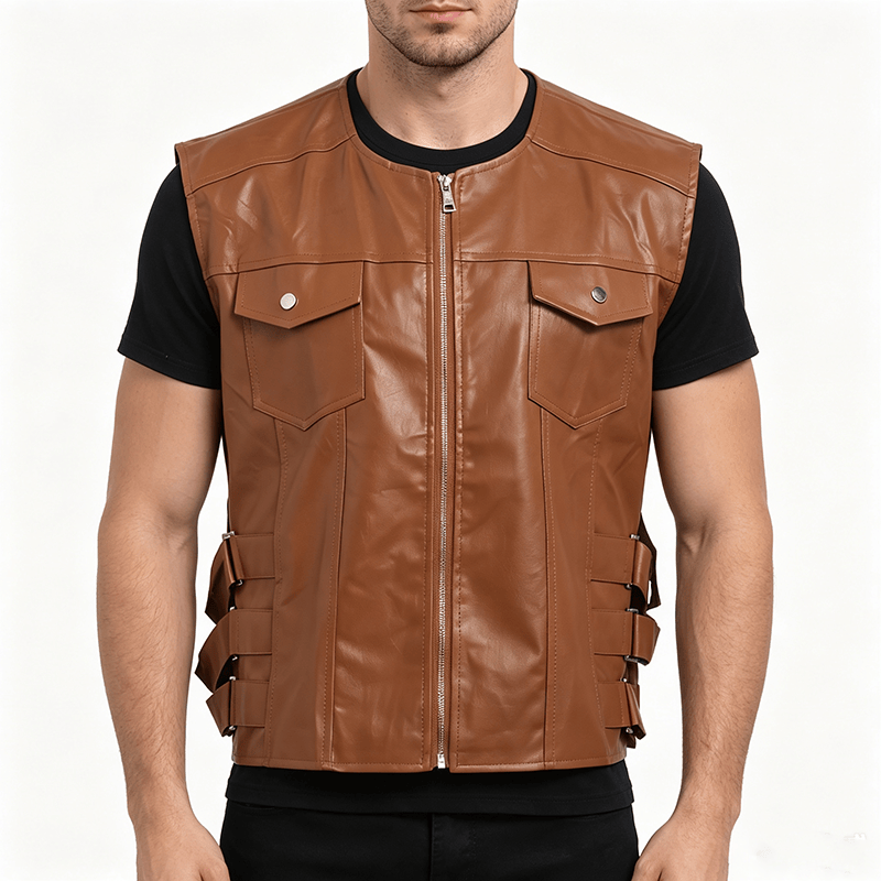 Gilet da motociclista casual da uomo in pelle con tasche a patta - image 1