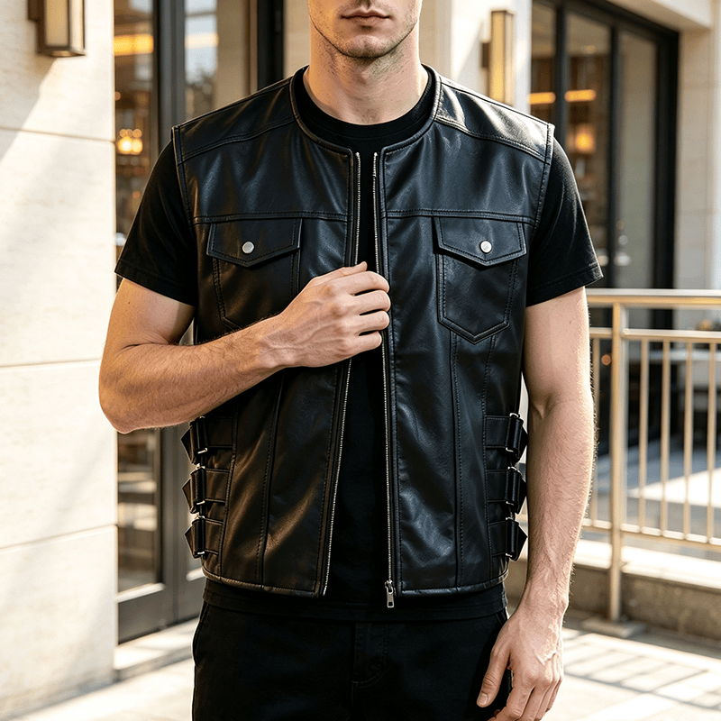 Gilet da motociclista casual da uomo in pelle con tasche a patta - Nero - 5XL - image 4