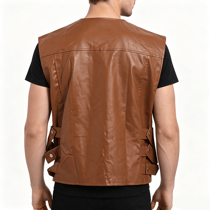 Gilet da motociclista casual da uomo in pelle con tasche a patta - image 3
