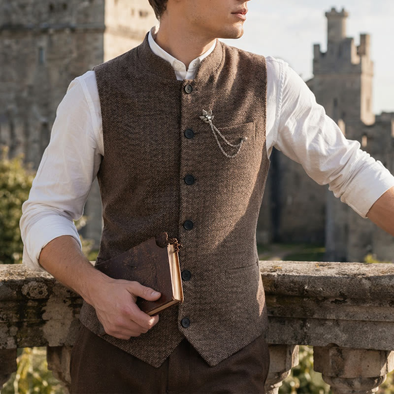 Gilet da uomo vintage in tweed con spilla a catena reale - Caffè - 2XL - image 0