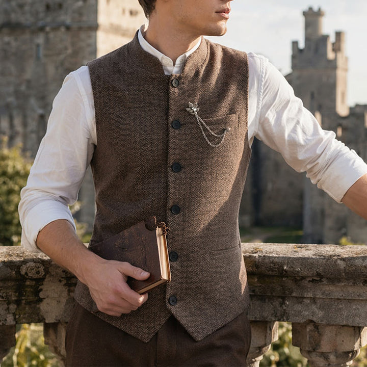 Gilet da uomo vintage in tweed con spilla a catena reale - Caffè - 2XL - image 0