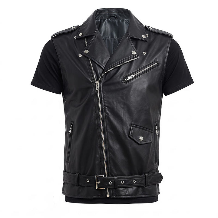 Gilet da motociclista in pelle da uomo in stile punk con revers asimmetrici e cerniera. - image 13