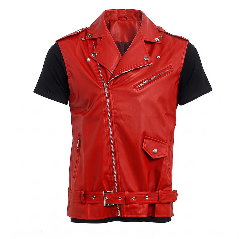 Gilet da motociclista in pelle da uomo in stile punk con revers asimmetrici e cerniera. - image 14