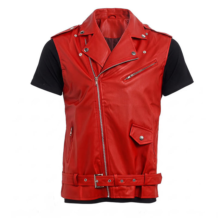 Gilet da motociclista in pelle da uomo in stile punk con revers asimmetrici e cerniera. - image 14