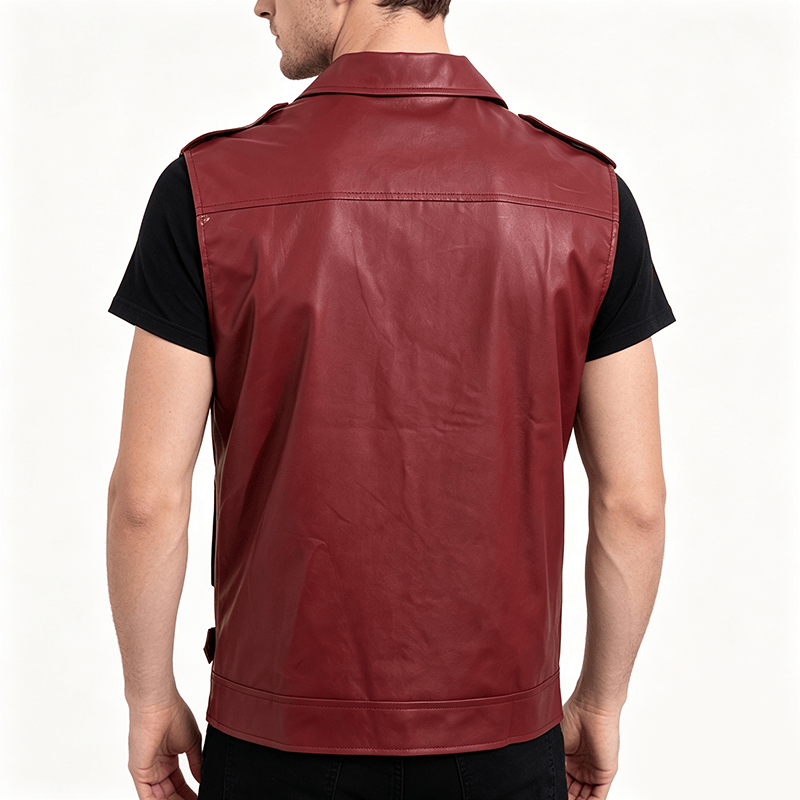 Gilet da motociclista in pelle da uomo in stile punk con revers asimmetrici e cerniera. - image 3