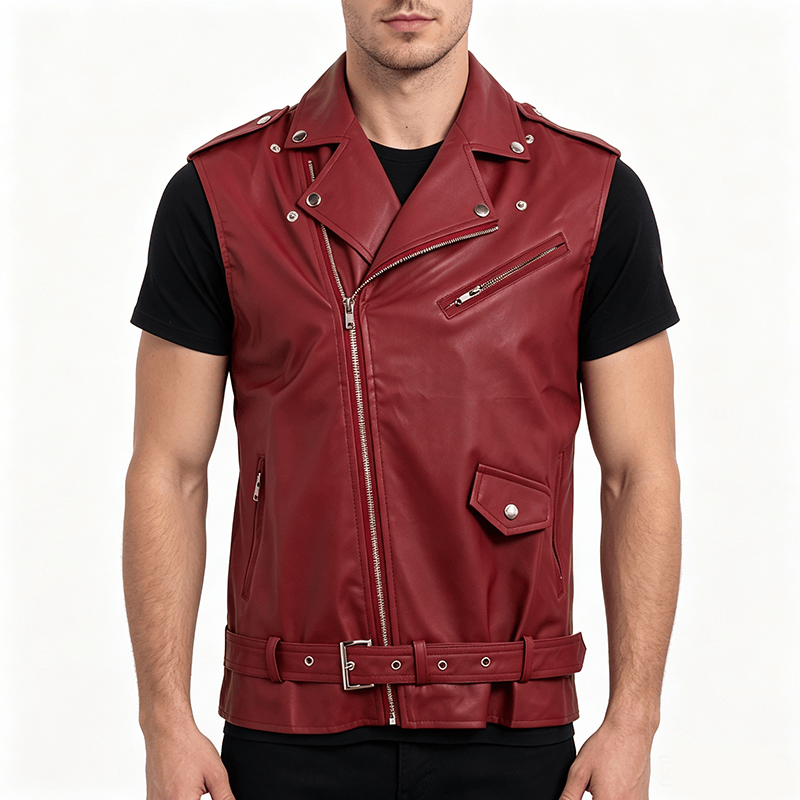 Gilet da motociclista in pelle da uomo in stile punk con revers asimmetrici e cerniera. - image 1