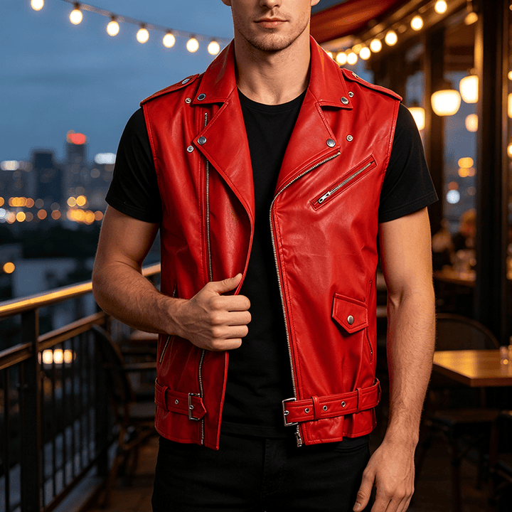 Gilet da motociclista in pelle da uomo in stile punk con revers asimmetrici e cerniera. - Rosso - 4XL - image 5