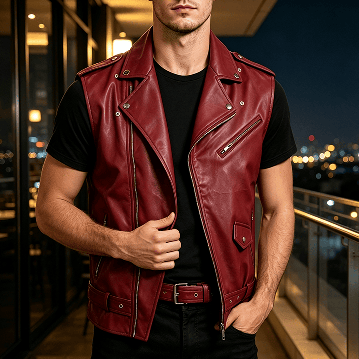 Gilet da motociclista in pelle da uomo in stile punk con revers asimmetrici e cerniera. - Vino - 4XL - image 0