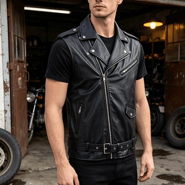 Gilet da motociclista in pelle da uomo in stile punk con revers asimmetrici e cerniera. - Nero - 4XL - image 4