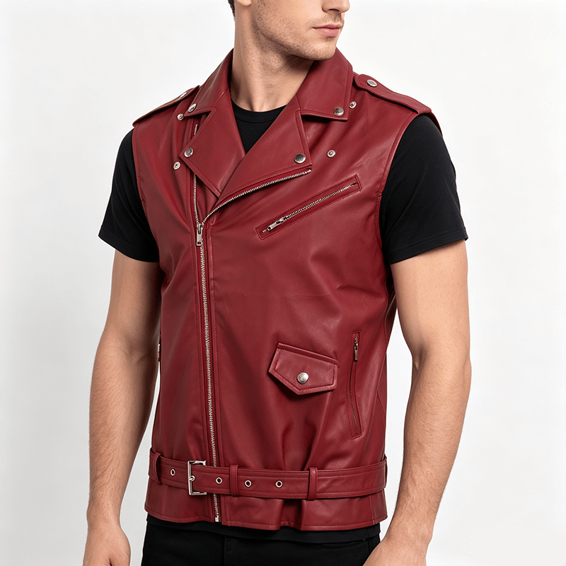 Gilet da motociclista in pelle da uomo in stile punk con revers asimmetrici e cerniera. - image 2