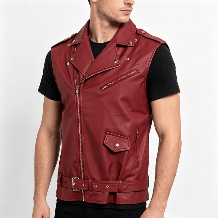 Gilet da motociclista in pelle da uomo in stile punk con revers asimmetrici e cerniera. - image 2