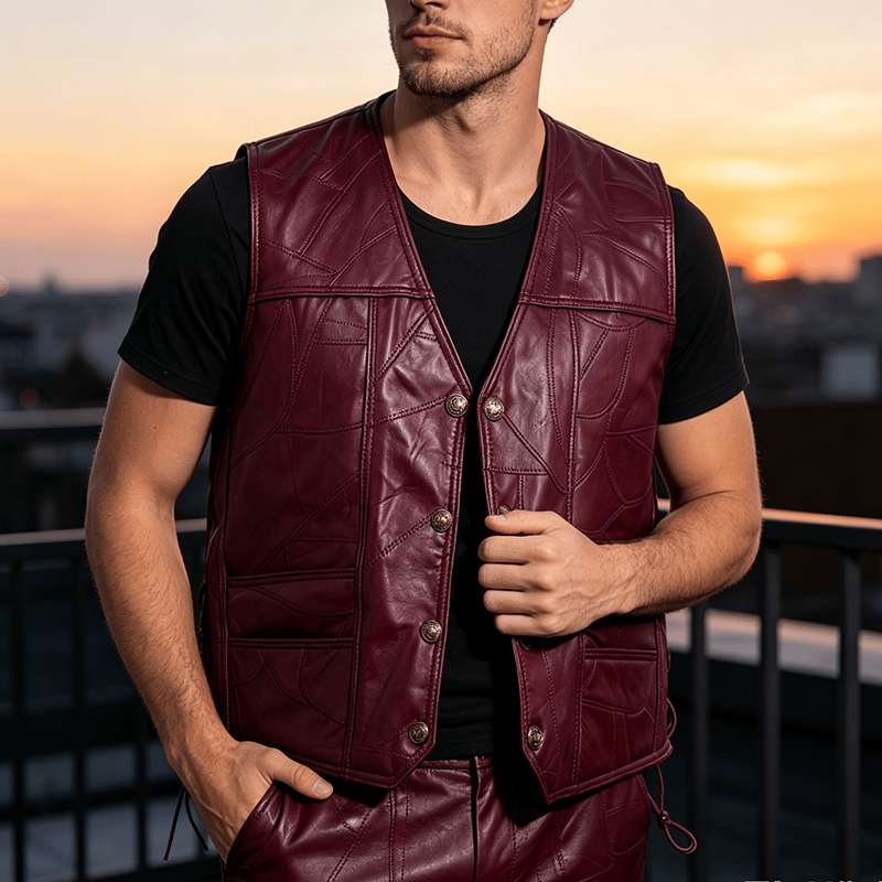 Gilet da motociclista in pelle stile punk con coulisse laterale - Rosso - 5XL - image 4