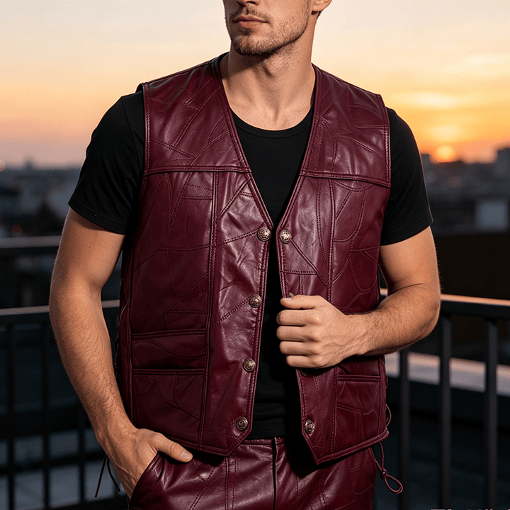 Gilet da motociclista in pelle stile punk con coulisse laterale - Rosso - 5XL - image 4